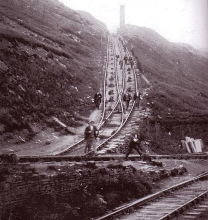 Facit Incline - workers descending main gauge incline.  Also clearly shows passing place.